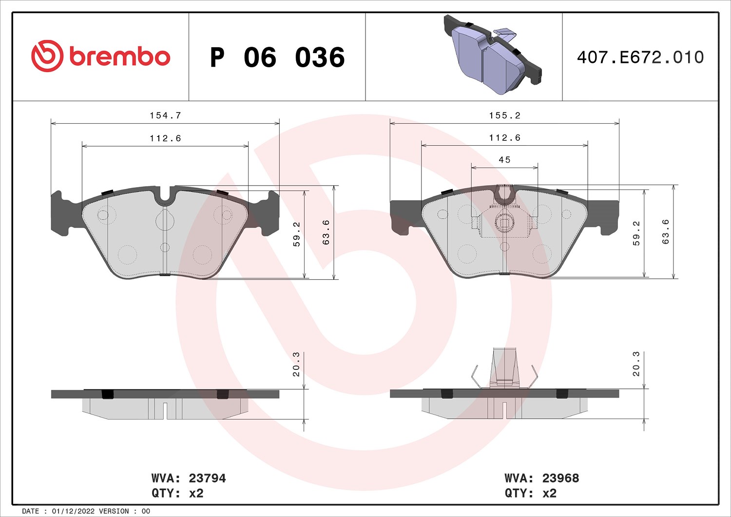 Brembo Bremsbelagsatz, Scheibenbremse [Hersteller-Nr. P06036X] für BMW