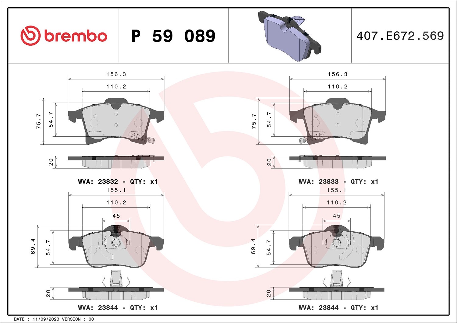 Brembo Bremsbelagsatz, Scheibenbremse [Hersteller-Nr. P59089] für Vauxhall, Opel