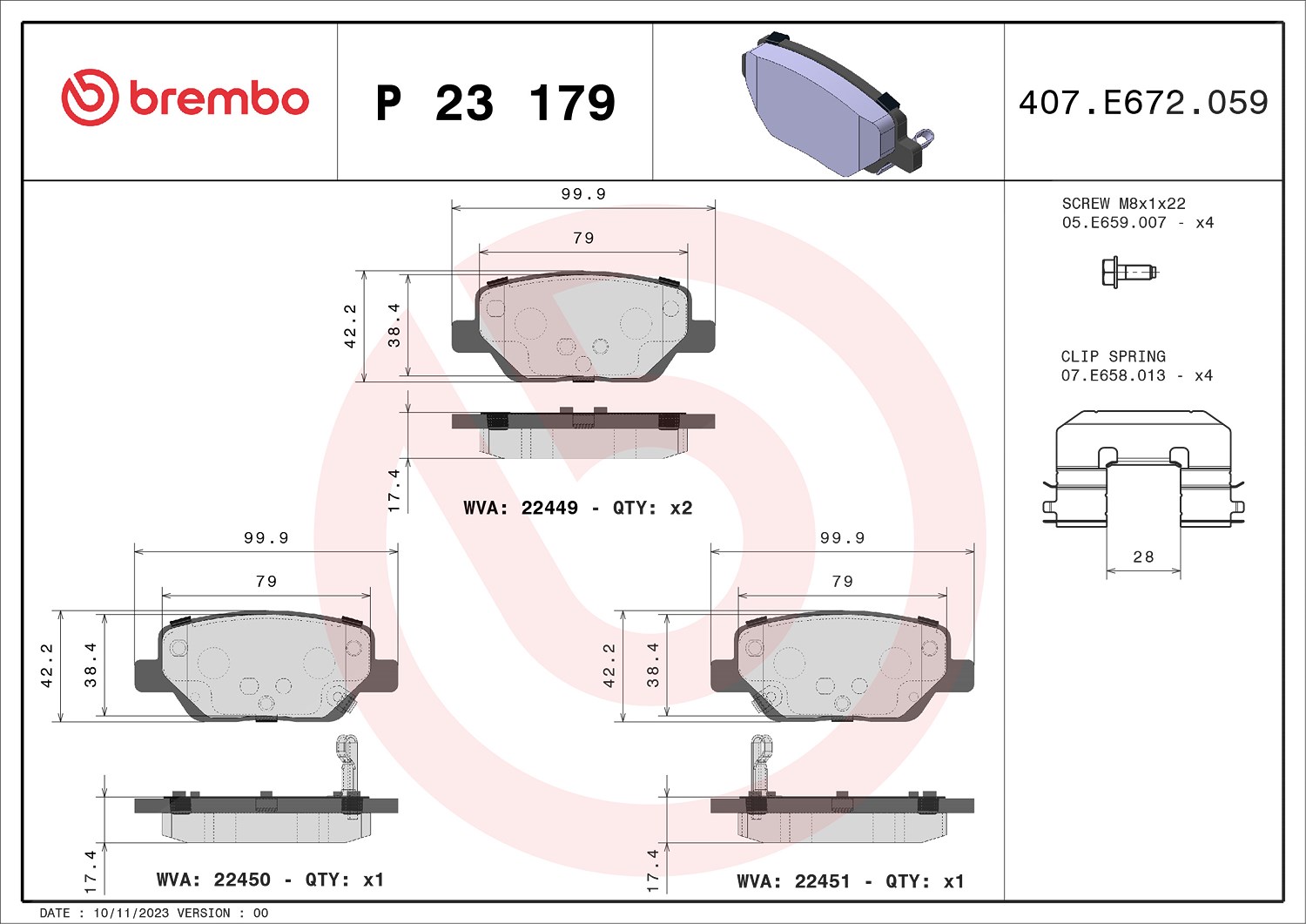 Brembo Bremsbeläge hinten (Satz) [Hersteller-Nr. P23179] für Fiat