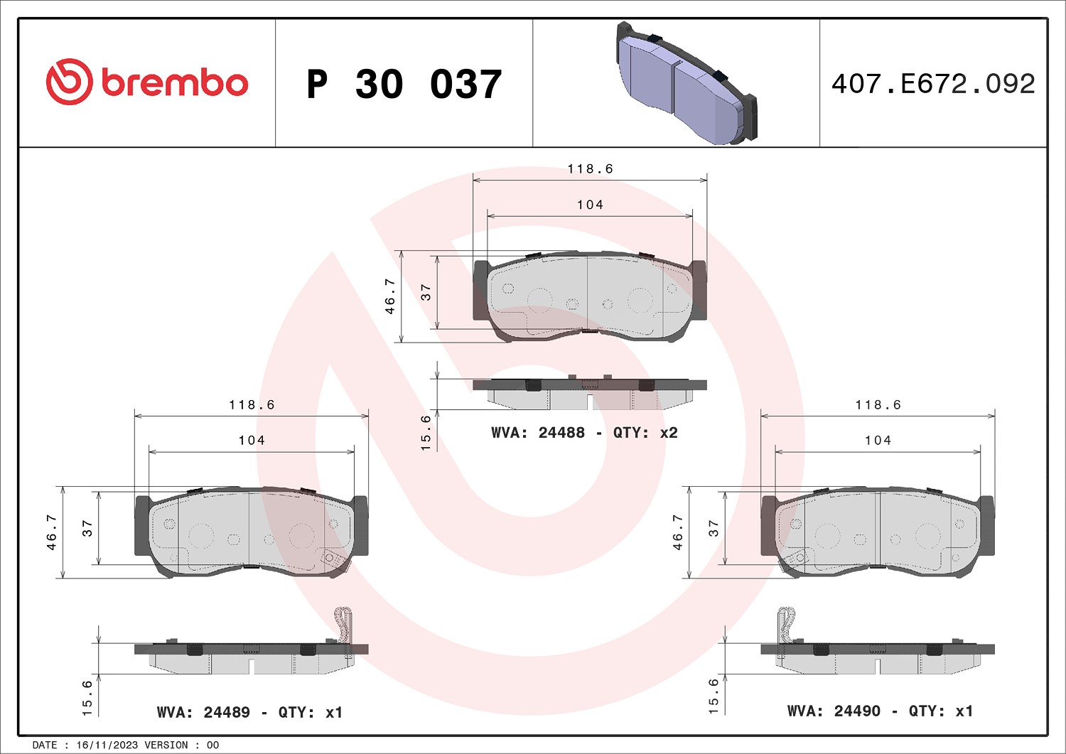 Brembo Bremsbelagsatz, Scheibenbremse [Hersteller-Nr. P30037] für Hyundai, Inokom