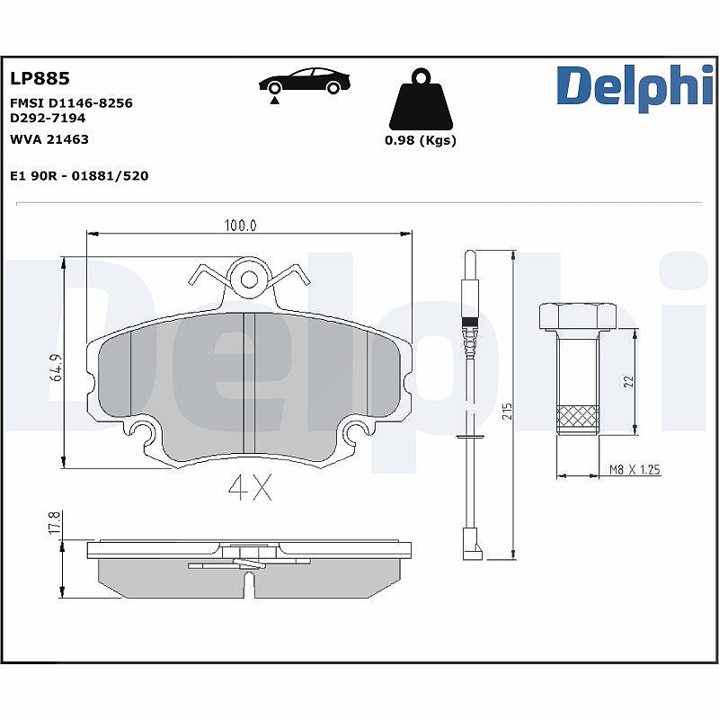 Delphi Bremsbelagsatz, Scheibenbremse [Hersteller-Nr. LP885] für Renault, Lada, Dacia, Peugeot, Alpine