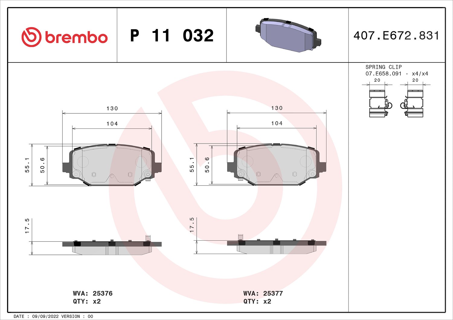 Brembo Bremsbeläge hinten (Satz) [Hersteller-Nr. P11032] für VW, Lancia, Fiat, Chrysler, Dodge