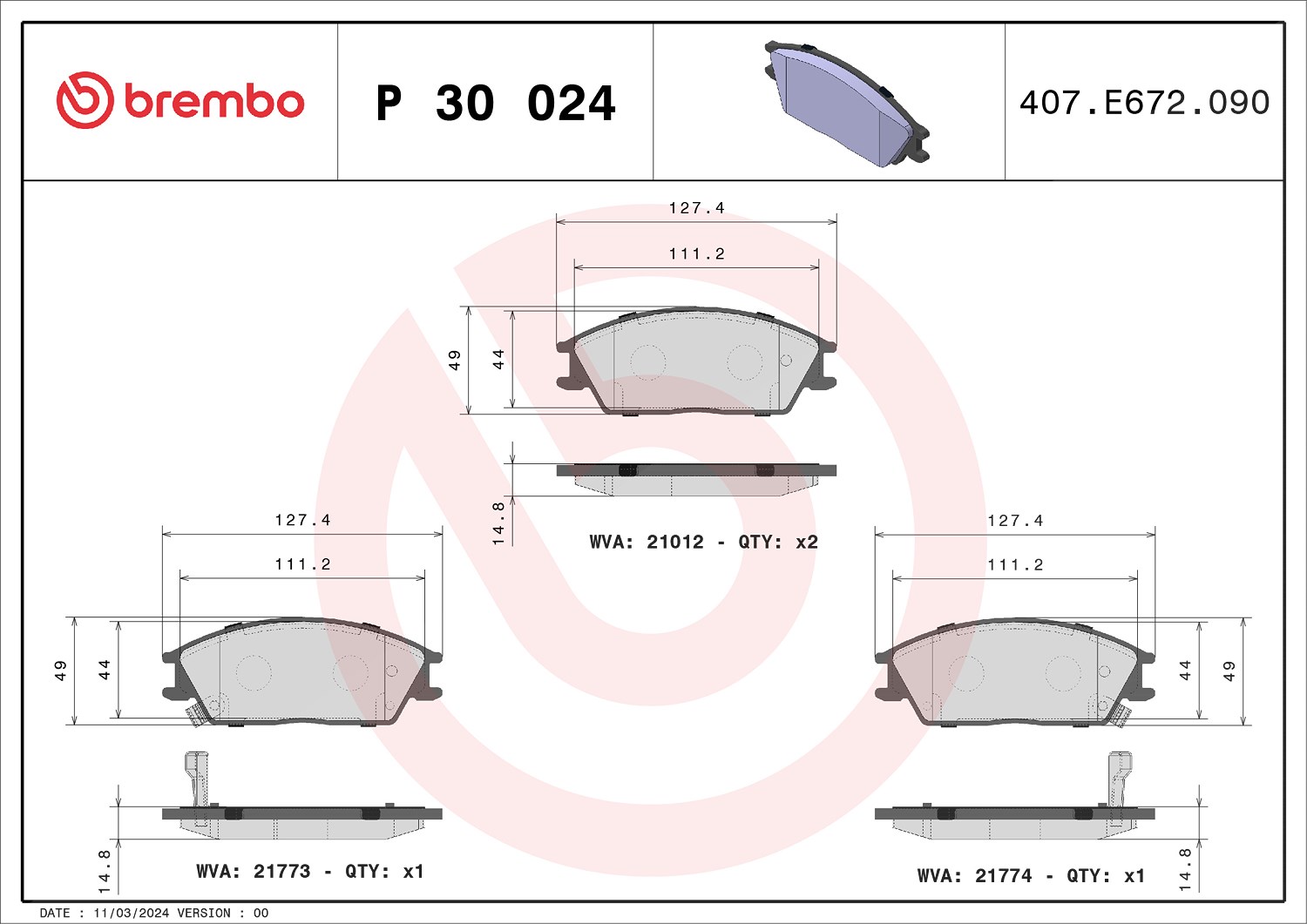 Brembo Bremsbelagsatz, Scheibenbremse [Hersteller-Nr. P30024] für Hyundai
