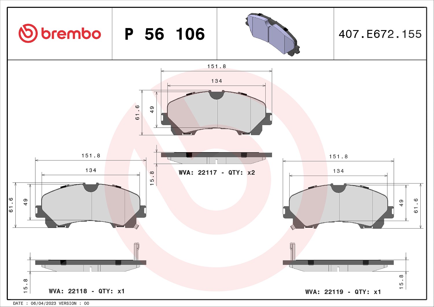 Brembo Bremsbelagsatz, Scheibenbremse [Hersteller-Nr. P56106] für Renault, Infiniti, Nissan
