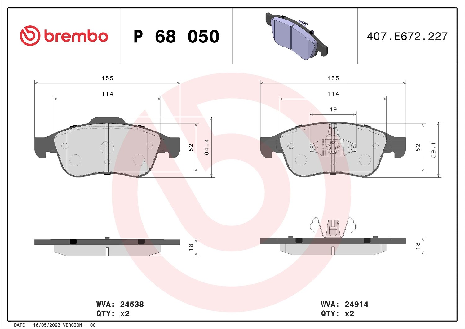 Brembo Bremsbelagsatz, Scheibenbremse [Hersteller-Nr. P68050X] für Dacia, Renault, Nissan, Mitsubishi