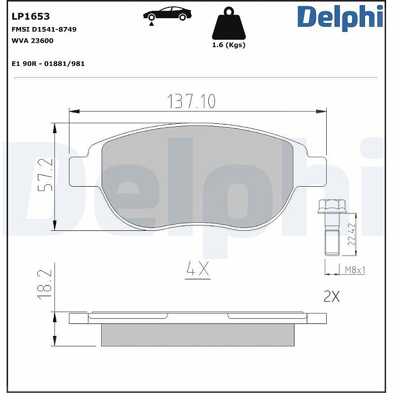 Delphi Bremsbelagsatz, Scheibenbremse [Hersteller-Nr. LP1653] für Fiat, Peugeot, Lancia, Citroën, Emgrand