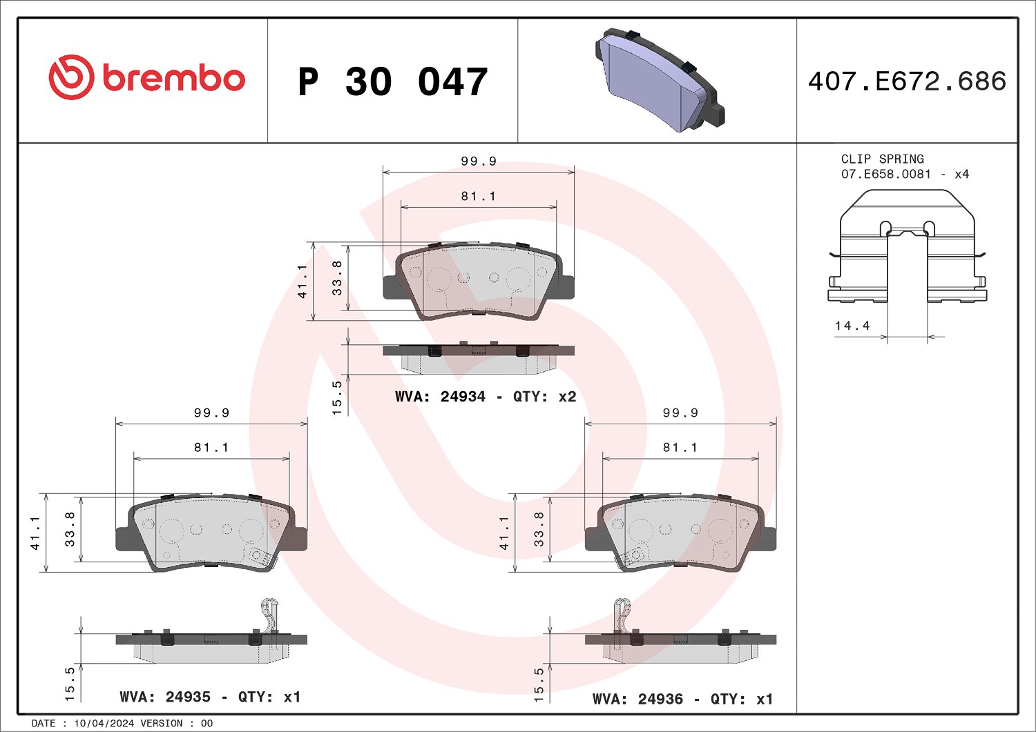 Brembo Bremsbelagsatz, Scheibenbremse [Hersteller-Nr. P30047] für Ssangyong, Hyundai, Emgrand, Kia