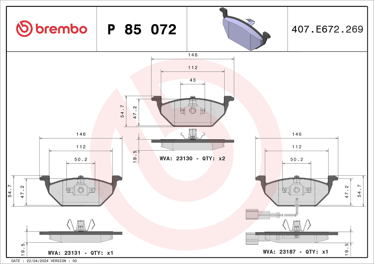 Brembo Bremsbelagsatz, Scheibenbremse [Hersteller-Nr. P85072X] für Skoda, Seat, VW, Audi