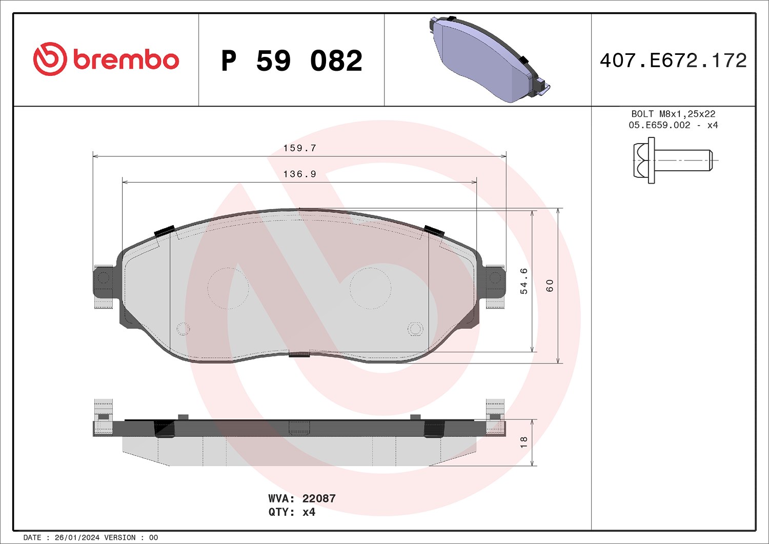 Brembo Bremsbeläge vorne (Satz) [Hersteller-Nr. P59082] für Opel, Renault, Fiat, Vauxhall, Nissan