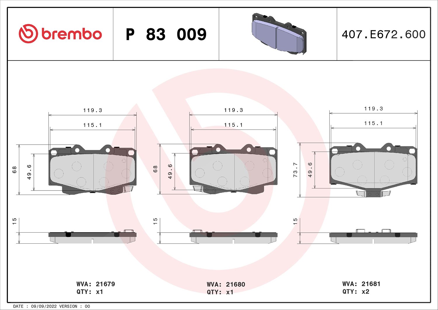 Brembo Bremsbelagsatz, Scheibenbremse [Hersteller-Nr. P83009] für Toyota, VW