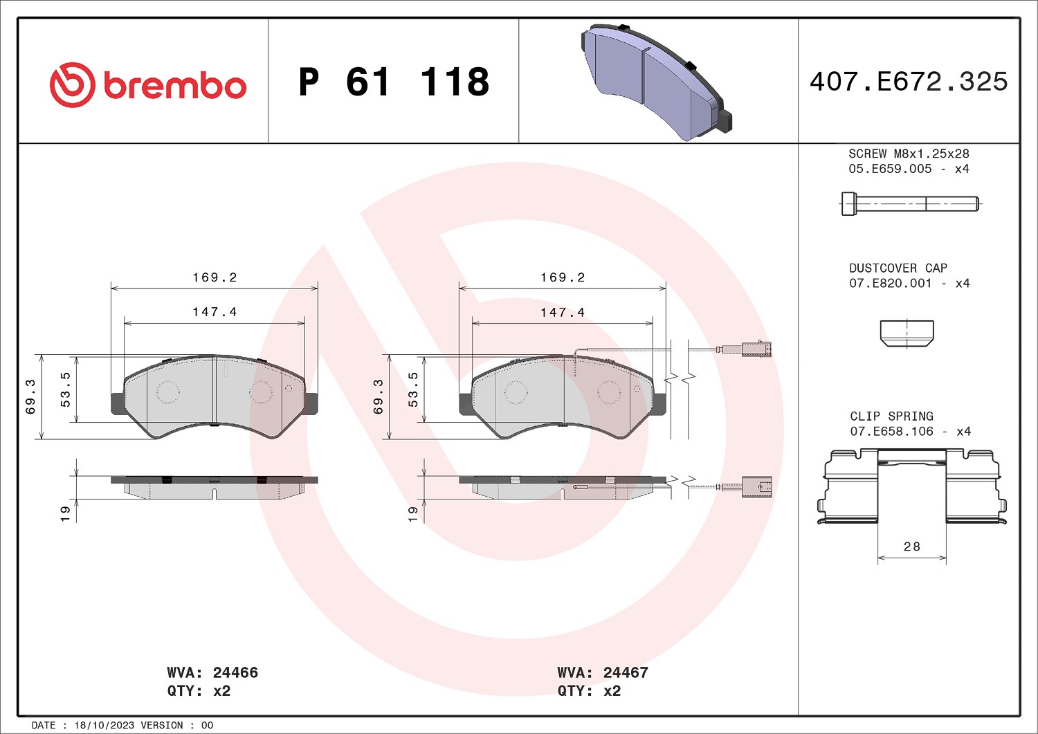 Brembo Bremsbelagsatz, Scheibenbremse [Hersteller-Nr. P61118] für Fiat, Peugeot, Vauxhall, Opel, Citroën