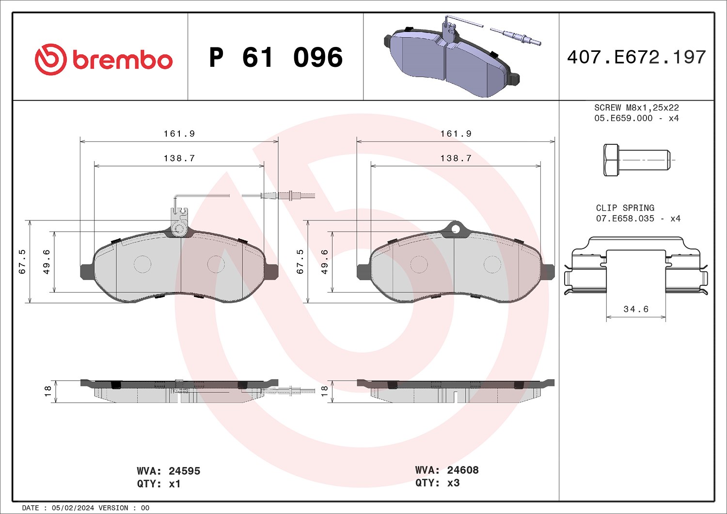 Brembo Bremsbelagsatz, Scheibenbremse [Hersteller-Nr. P61096] für Citroën, Toyota, Fiat, Peugeot
