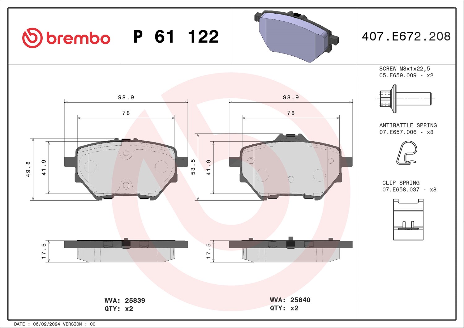 Brembo Bremsbeläge hinten (Satz) [Hersteller-Nr. P61122] für Peugeot, Ds, Haval, Citroën, Fiat, Vauxhall, Jeep, Opel, Toyota