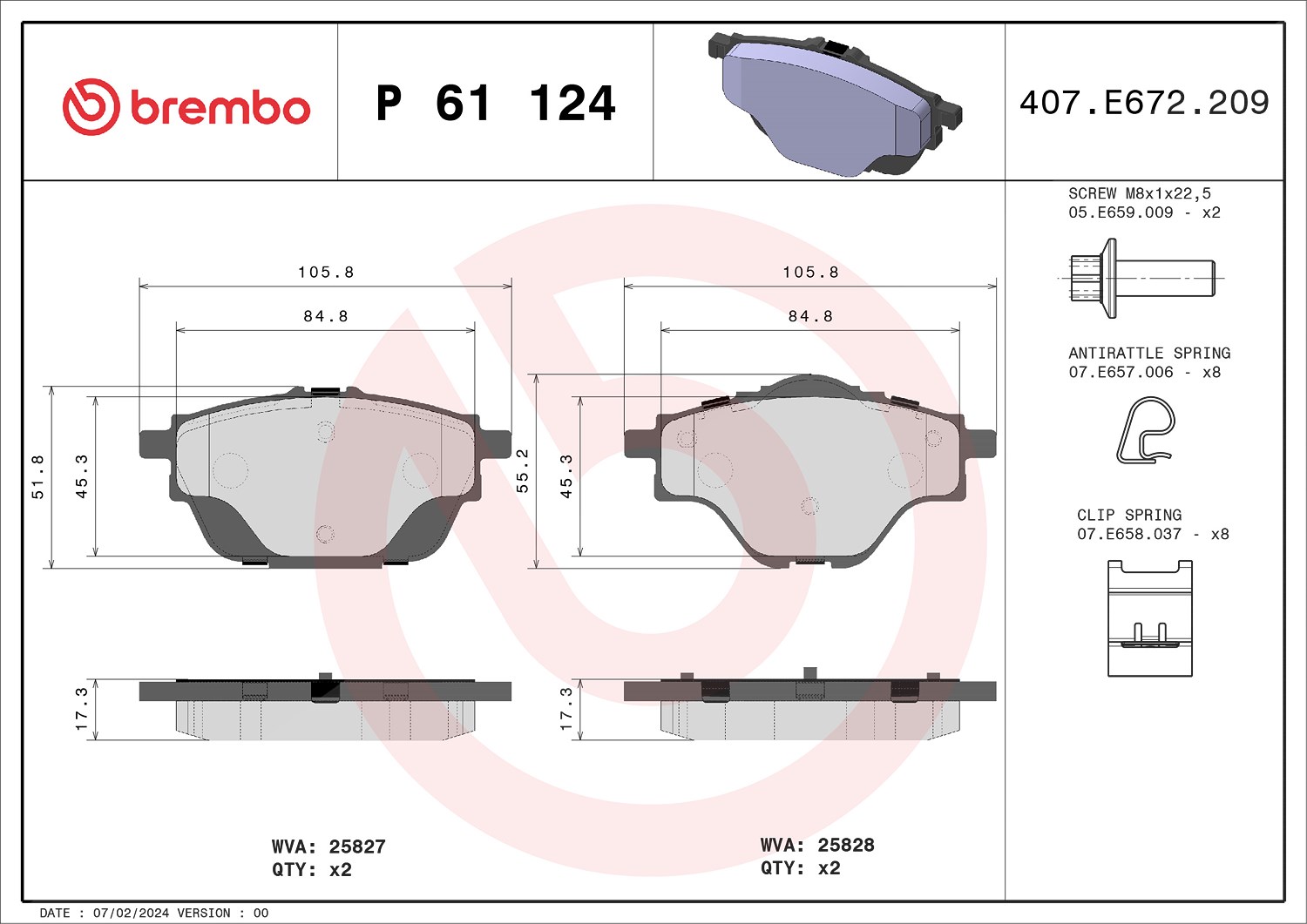 Brembo Bremsbeläge hinten (Satz) [Hersteller-Nr. P61124] für Peugeot (df-psa), Vauxhall, Citroën, Opel, Ds, Peugeot
