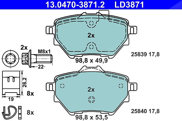Ate CERAMIC Bremsbelagsatz hinten [Hersteller-Nr. 13.0470-3871.2] für Citroën, Vauxhall, Toyota, Ds, Opel, Peugeot
