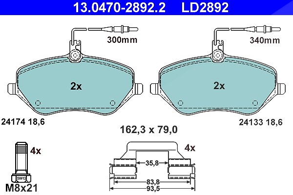 Ate CERAMIC Bremsbelagsatz mit Warnkontakt vorne [Hersteller-Nr. 13.0470-2892.2] für Citroën, Peugeot