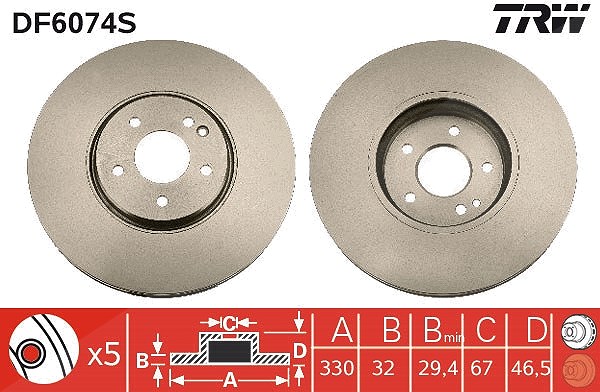 Trw 1x Bremsscheibe Vorderachse belüftet [Hersteller-Nr. DF6074S] für Mercedes-Benz, Chrysler