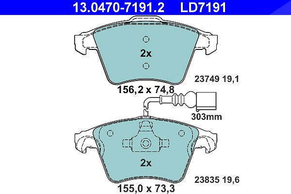 Ate CERAMIC Bremsbelagsatz mit Warnkontakt vorne [Hersteller-Nr. 13.0470-7191.2] für VW