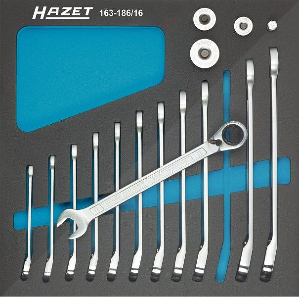 Hazet Knarren Ring-Maulschlüssel Satz - mit Vierkant-Adaptern - 16-tlg. [Hersteller-Nr. 163-186/16]