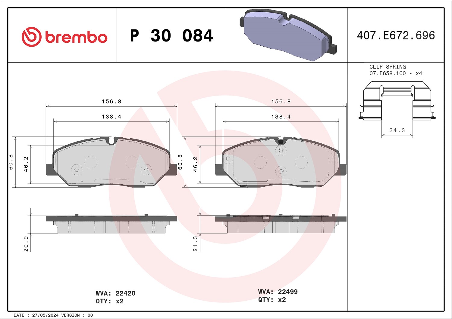 Brembo Bremsbelagsatz, Scheibenbremse [Hersteller-Nr. P30084] für Hyundai