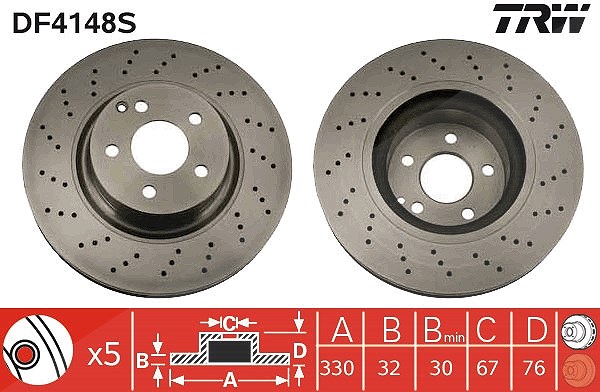 Trw 1x Bremsscheibe Vorderachse Gelocht/Belüftet [Hersteller-Nr. DF4148S] für Mercedes-Benz