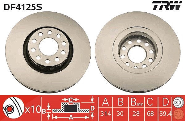 Trw 1x Bremsscheibe Vorderachse Belüftet [Hersteller-Nr. DF4125S] für Audi
