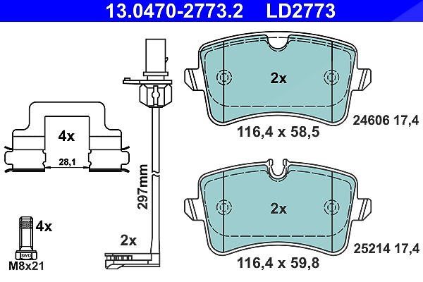 Ate CERAMIC Bremsbelagsatz mit Warnkontakt hinten [Hersteller-Nr. 13.0470-2773.2] für Audi