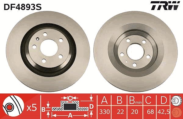Trw 1x Bremsscheibe [Hersteller-Nr. DF4893S] für Audi