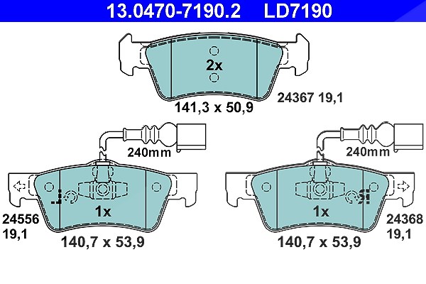 Ate CERAMIC Bremsbelagsatz mit Warnkontakt hinten [Hersteller-Nr. 13.0470-7190.2] für VW
