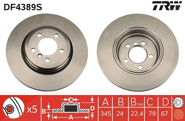 Trw 1x Bremsscheibe Hinterachse Belüftet [Hersteller-Nr. DF4389S] für BMW