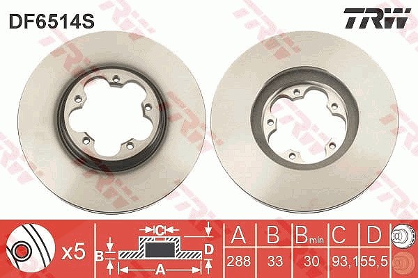 Trw 1x Bremsscheibe Voderachse Belüftet [Hersteller-Nr. DF6514S] für Ford