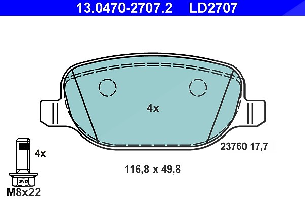 Ate CERAMIC Bremsbelagsatz hinten [Hersteller-Nr. 13.0470-2707.2] für Alfa Romeo, Lancia