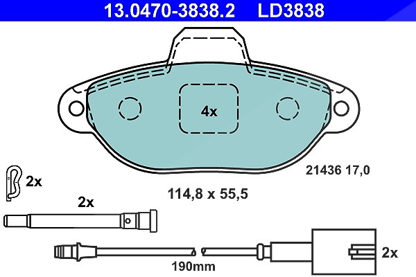 Ate CERAMIC Bremsbelagsatz mit Warnkontakt vorne [Hersteller-Nr. 13.0470-3838.2] für Ford, Fiat