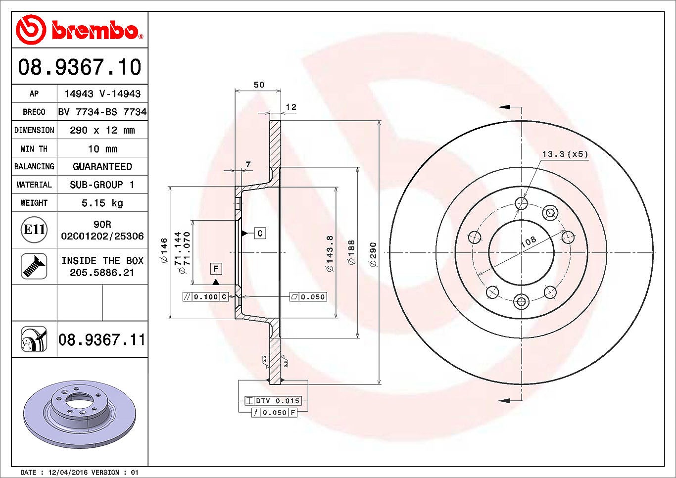 Brembo Bremsscheibe [Hersteller-Nr. 08.9367.11] für Peugeot