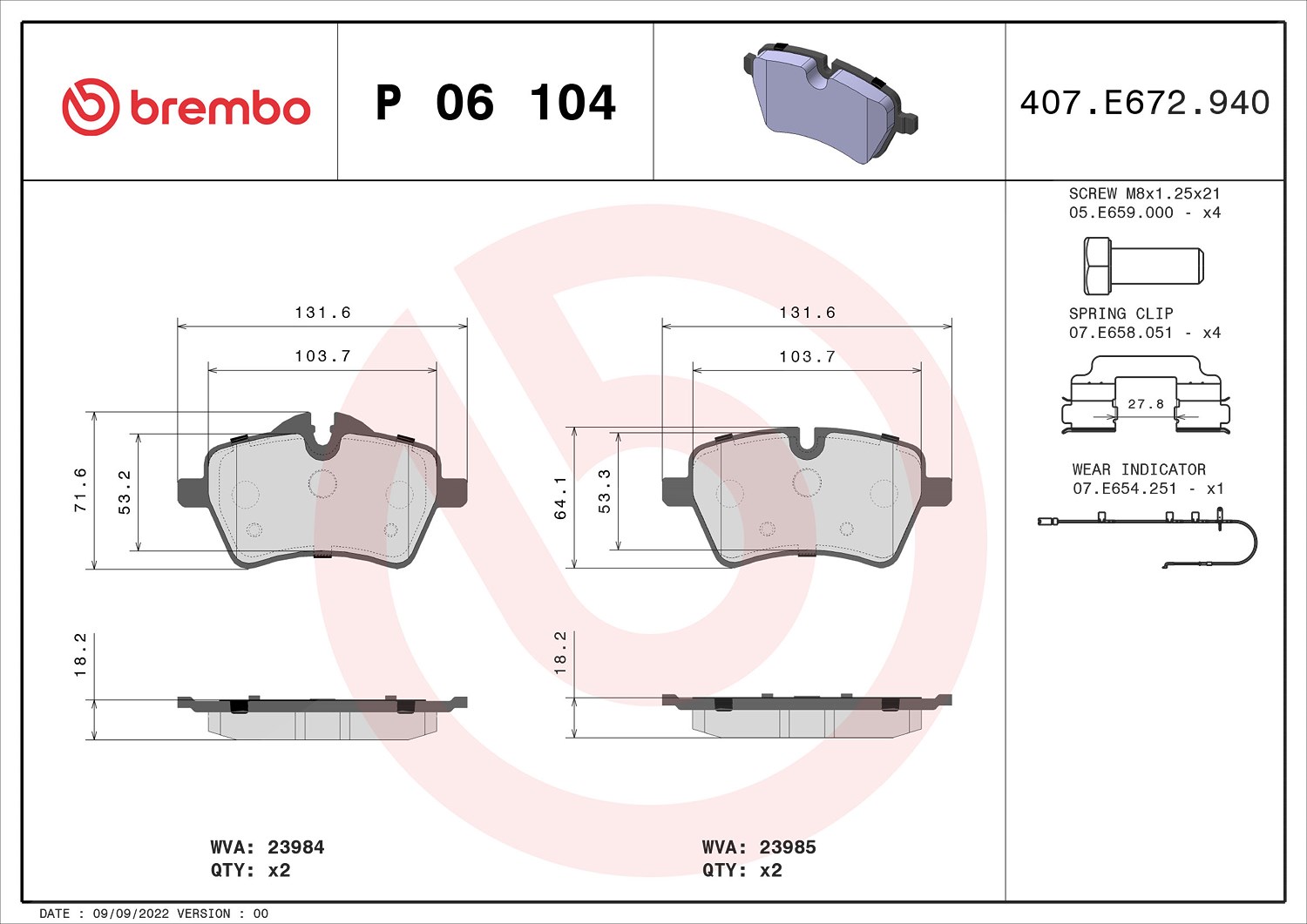 Brembo Bremsbelagsatz, Scheibenbremse [Hersteller-Nr. P06104] für Mini