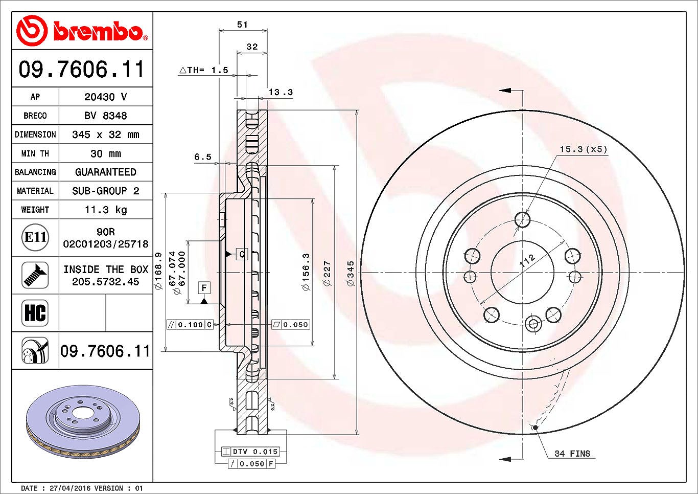 Brembo 1x Bremsscheibe [Hersteller-Nr. 09.7606.11] für Mercedes-Benz