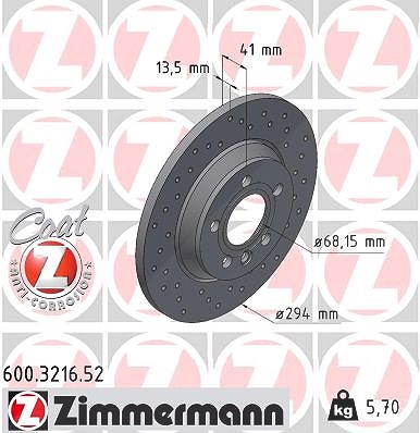 Zimmermann Bremsscheibe Hinterachse Voll [Hersteller-Nr. 600.3216.52] für Seat, VW, Ford