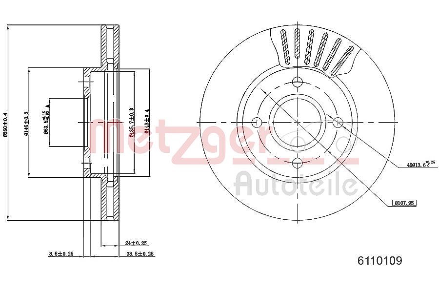 Metzger Autoteile Bremsscheibe [Hersteller-Nr. 6110109] für Ford
