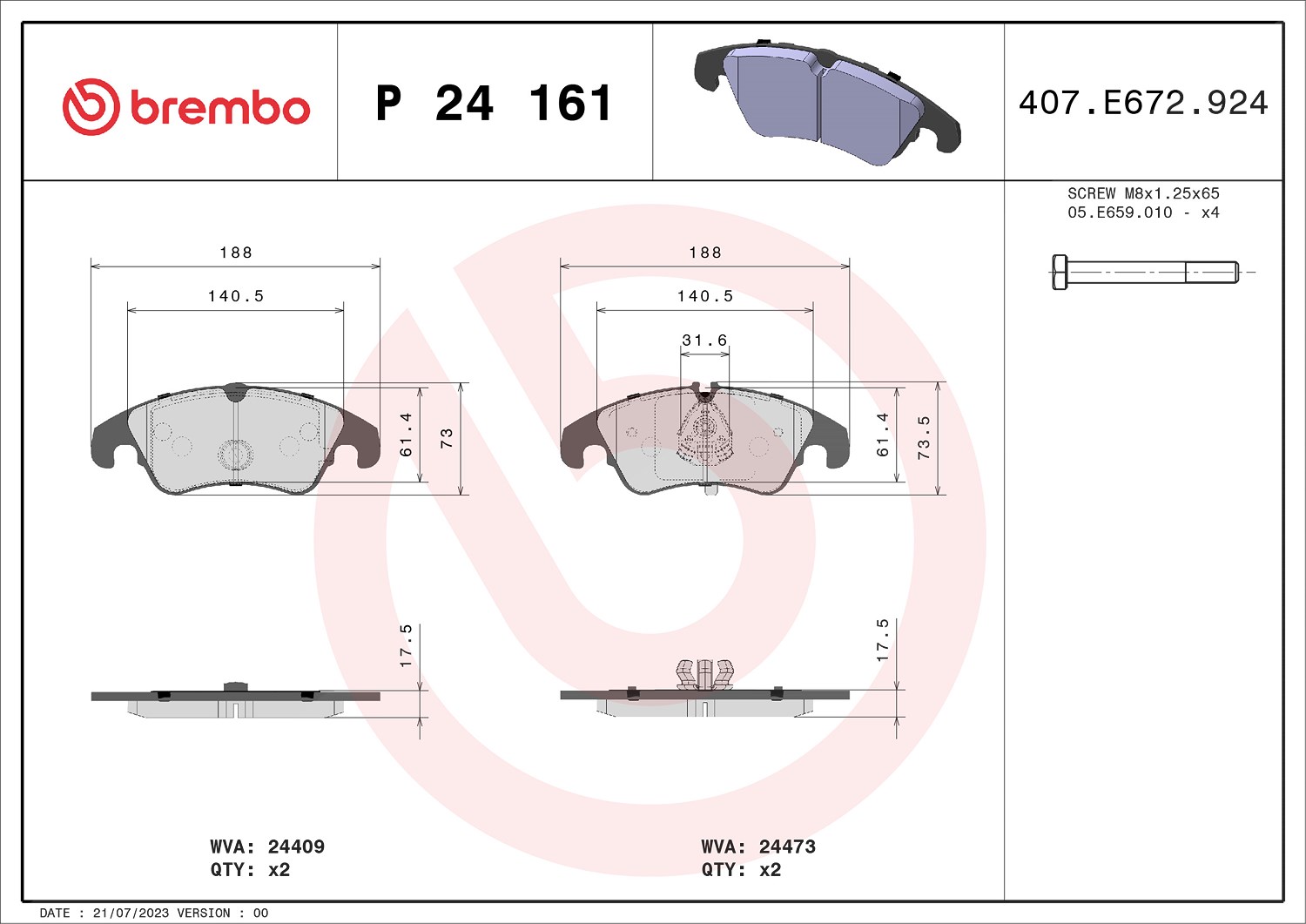 Brembo Bremsbelagsatz, Scheibenbremse [Hersteller-Nr. P24161] für Ford