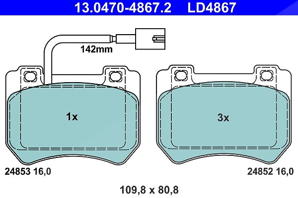 Ate CERAMIC Bremsbelagsatz mit Warnkontakt vorne [Hersteller-Nr. 13.0470-4867.2] für Alfa Romeo