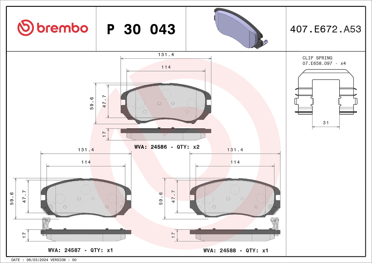 Brembo Bremsbelagsatz, Scheibenbremse [Hersteller-Nr. P30043] für Kia, Hyundai