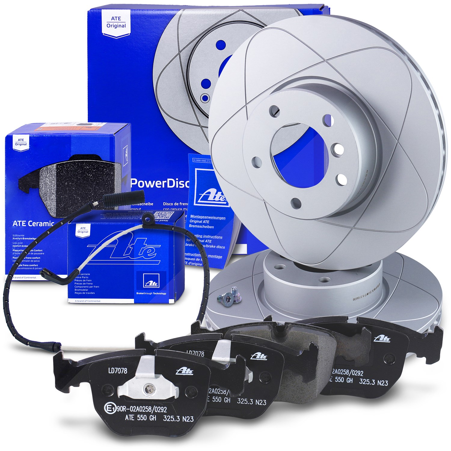 Ate POWERDISC Bremsscheiben +CERAMIC Bremsbeläge +Warnkontakte vorne [Hersteller-Nr. 10698298] für BMW