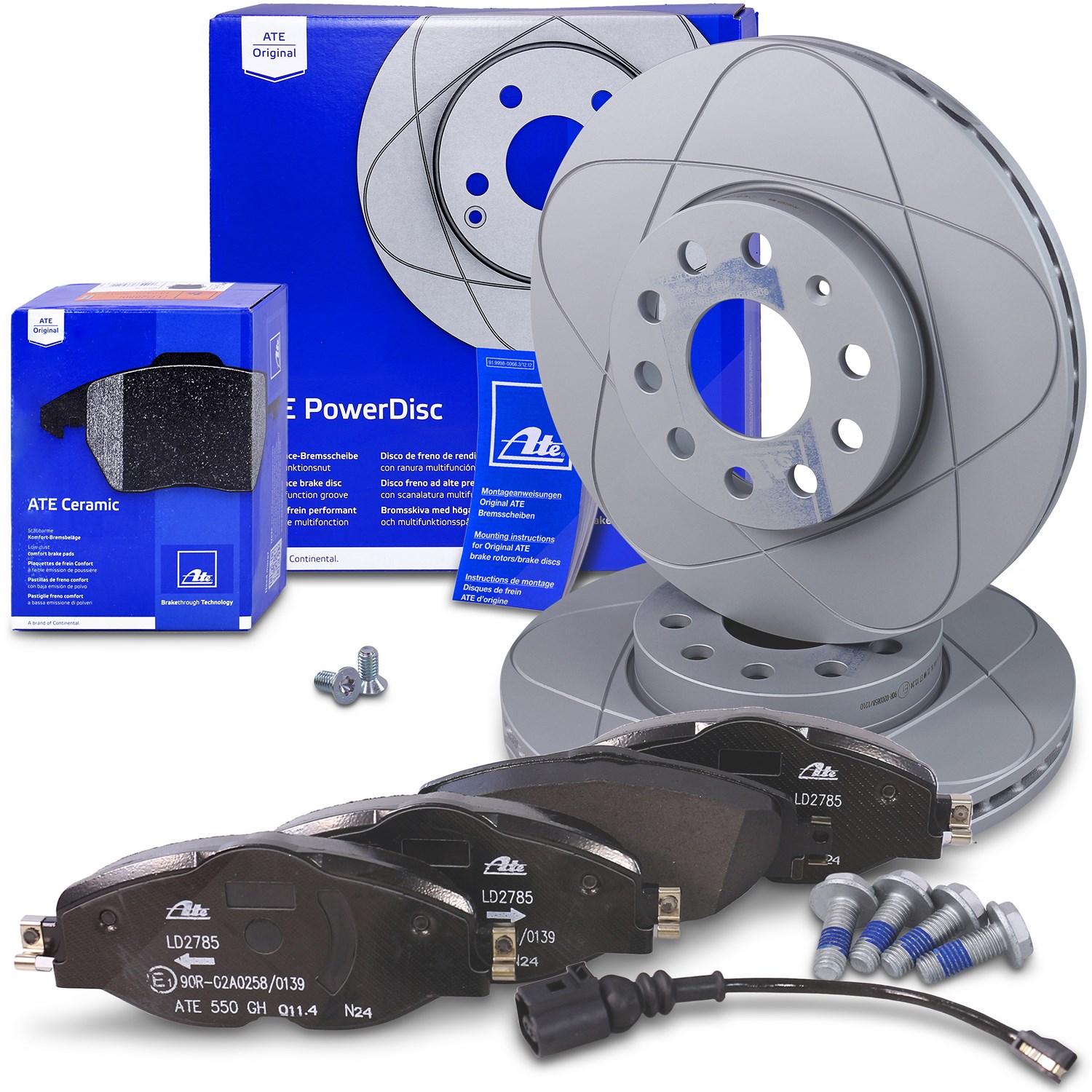 Ate POWERDISC Bremsscheiben +CERAMIC Bremsbeläge mit Kontakt vorne [Hersteller-Nr. 10698395] für Skoda, Audi, VW, Seat