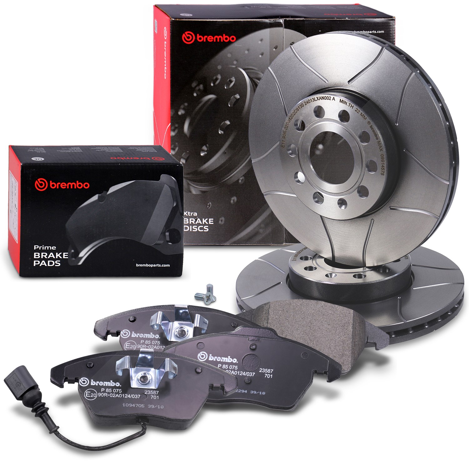 Brembo Bremsscheiben +Bremsbeläge mit Warnkontakt vorne [Hersteller-Nr. 10698053] für Skoda, Seat, Audi, VW