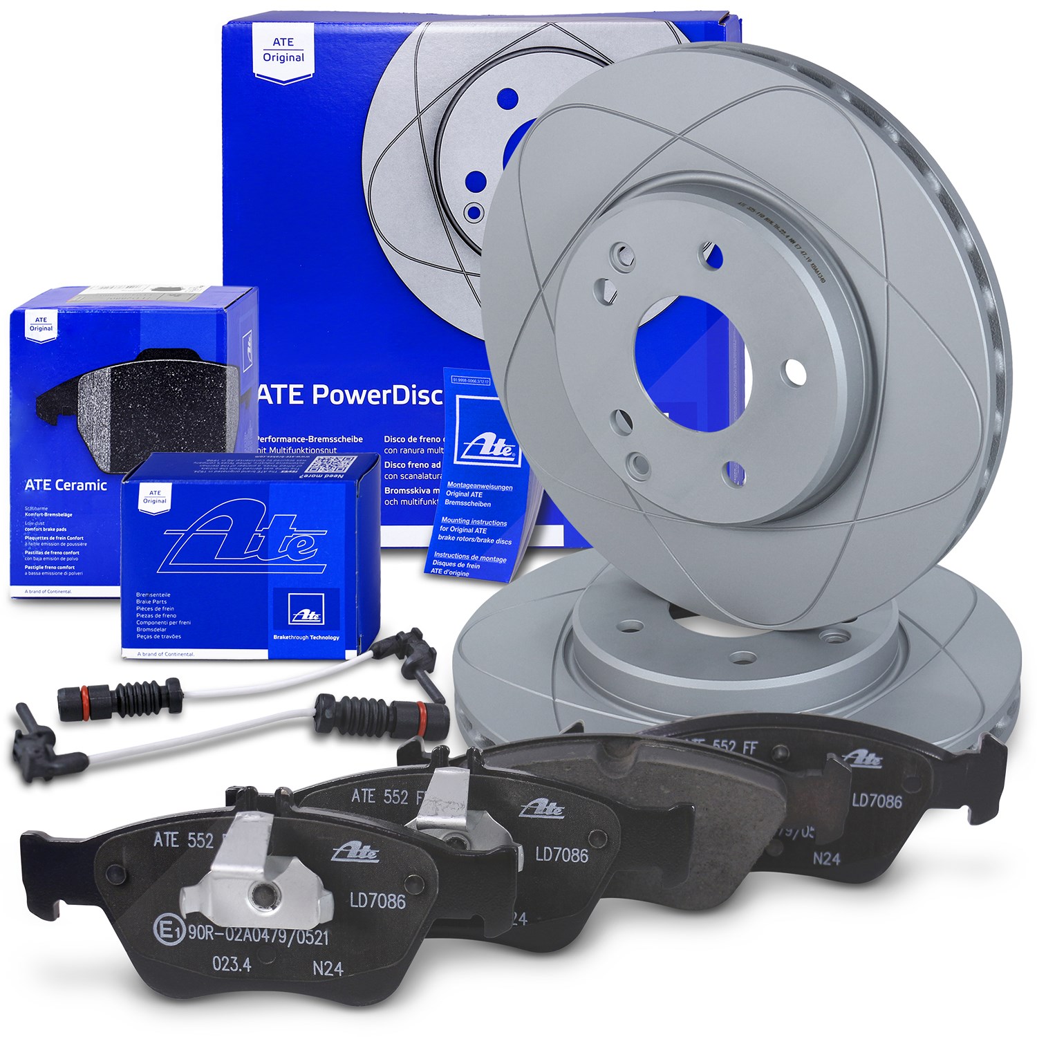 Ate POWERDISC Bremsscheiben +CERAMIC Bremsbeläge +Warnkontakte vorne [Hersteller-Nr. 10696352] für Mercedes-Benz