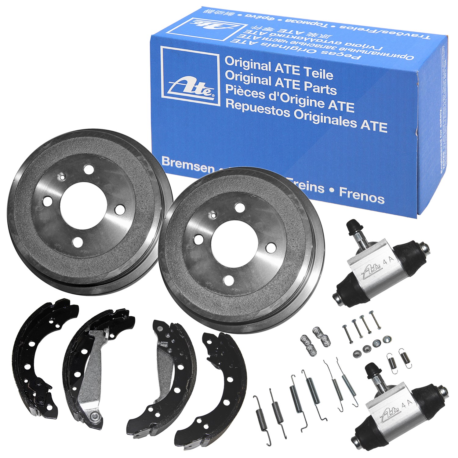 Ate 2x Bremstrommel+Backen+Zylinder+Zubehör [Hersteller-Nr. 10696860] für Skoda, VW, Seat