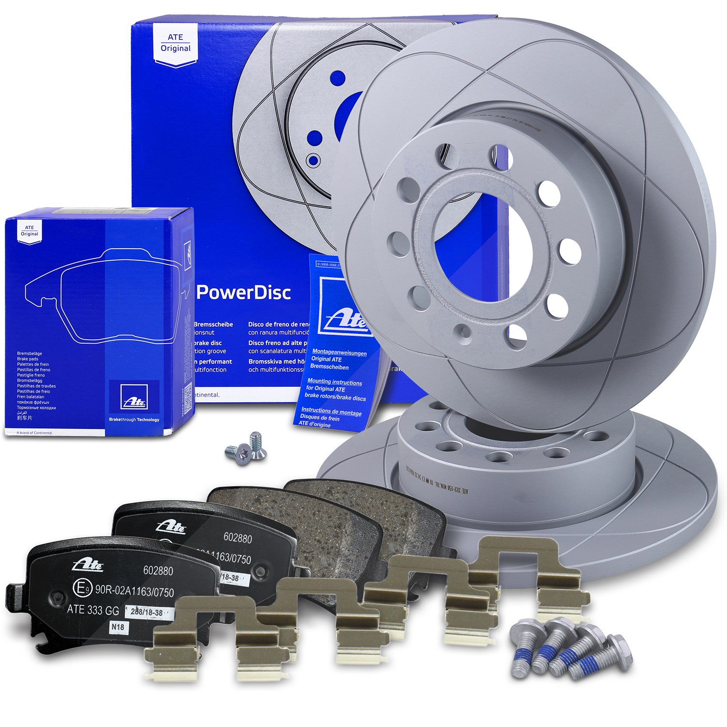Ate POWERDISC Bremsscheiben +Bremsbeläge hinten [Hersteller-Nr. 10698811] für VW, Audi, Skoda, Seat