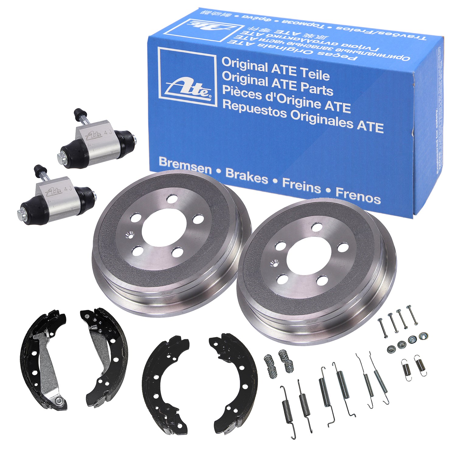 Ate 2x Bremstrommel+Backen+Zylinder+Zubehör [Hersteller-Nr. 10697208] für Skoda, Seat