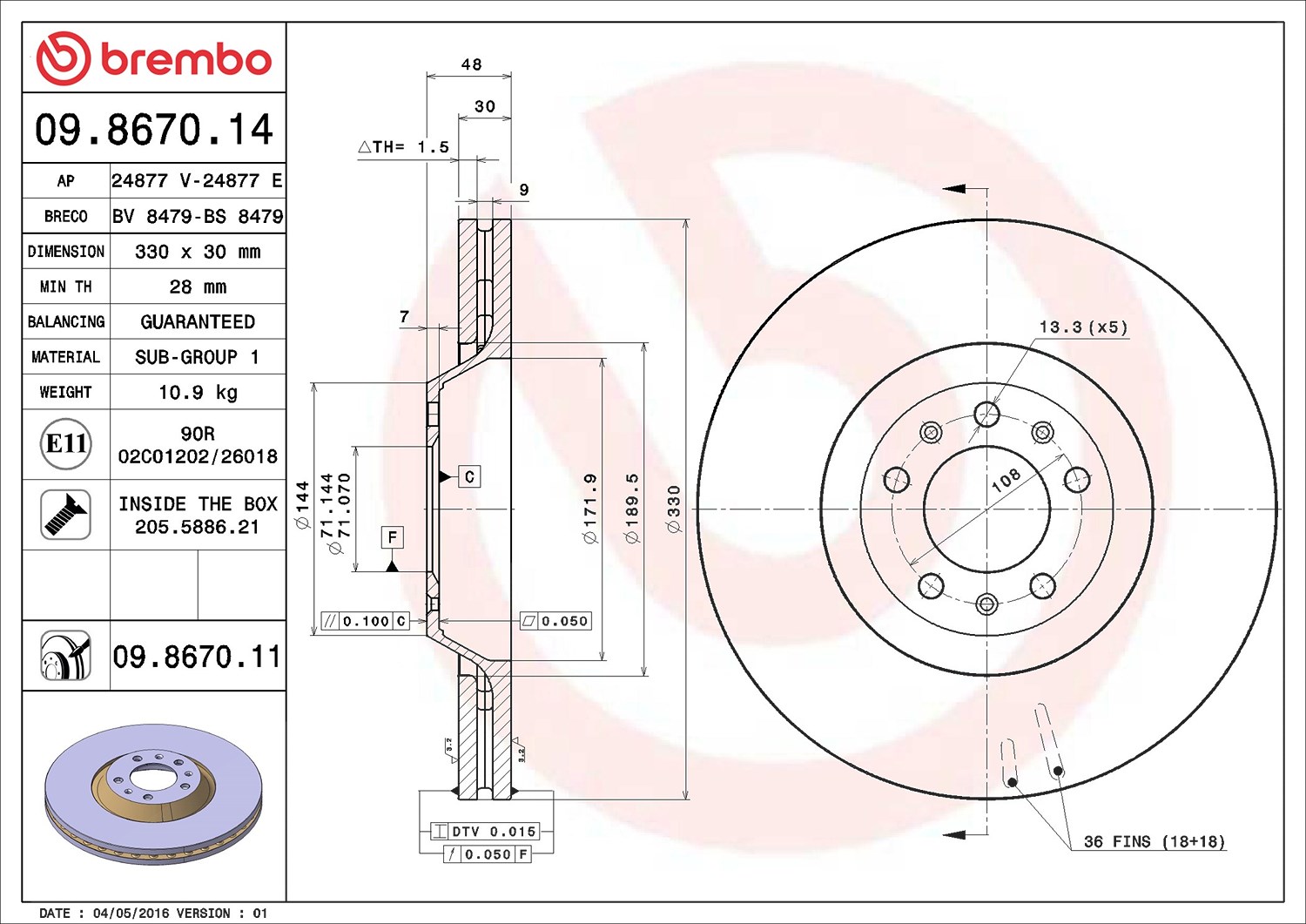 Brembo 1x Bremsscheibe [Hersteller-Nr. 09.8670.11] für Citroën, Peugeot