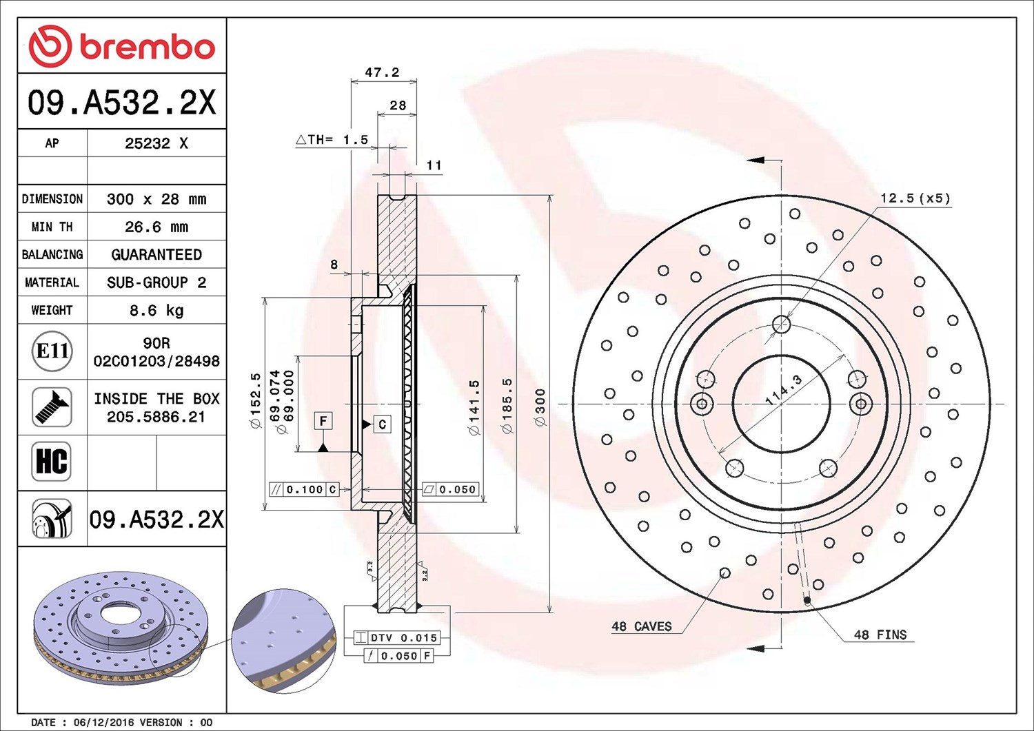 2x Bremsscheibe gelocht/innenbel. 09.A532.2X BREMBO für HYUNDAI KIA - Bild 5